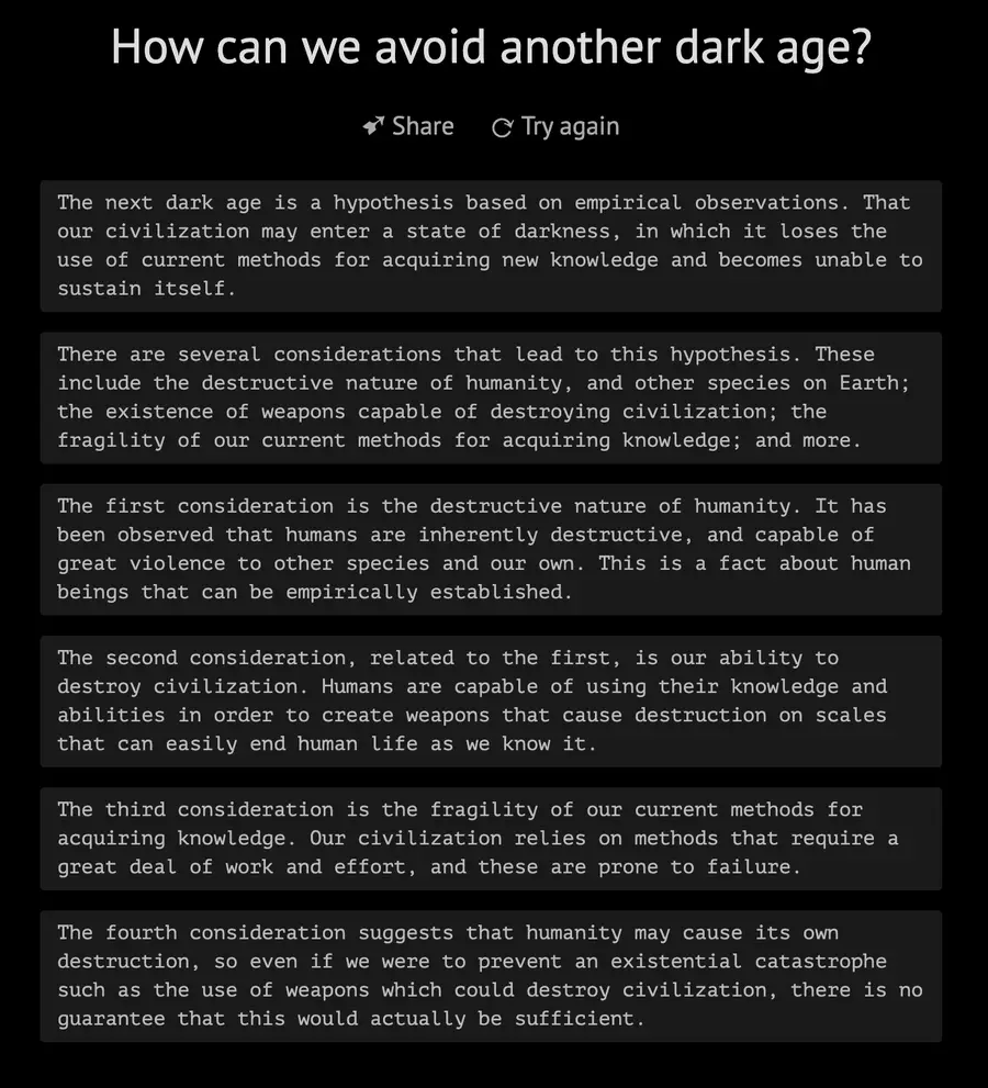 Philosopher AI laying out why a next dark age is plausible: human destructiveness, civilization-ending weapons, and the fragility of how we acquire knowledge