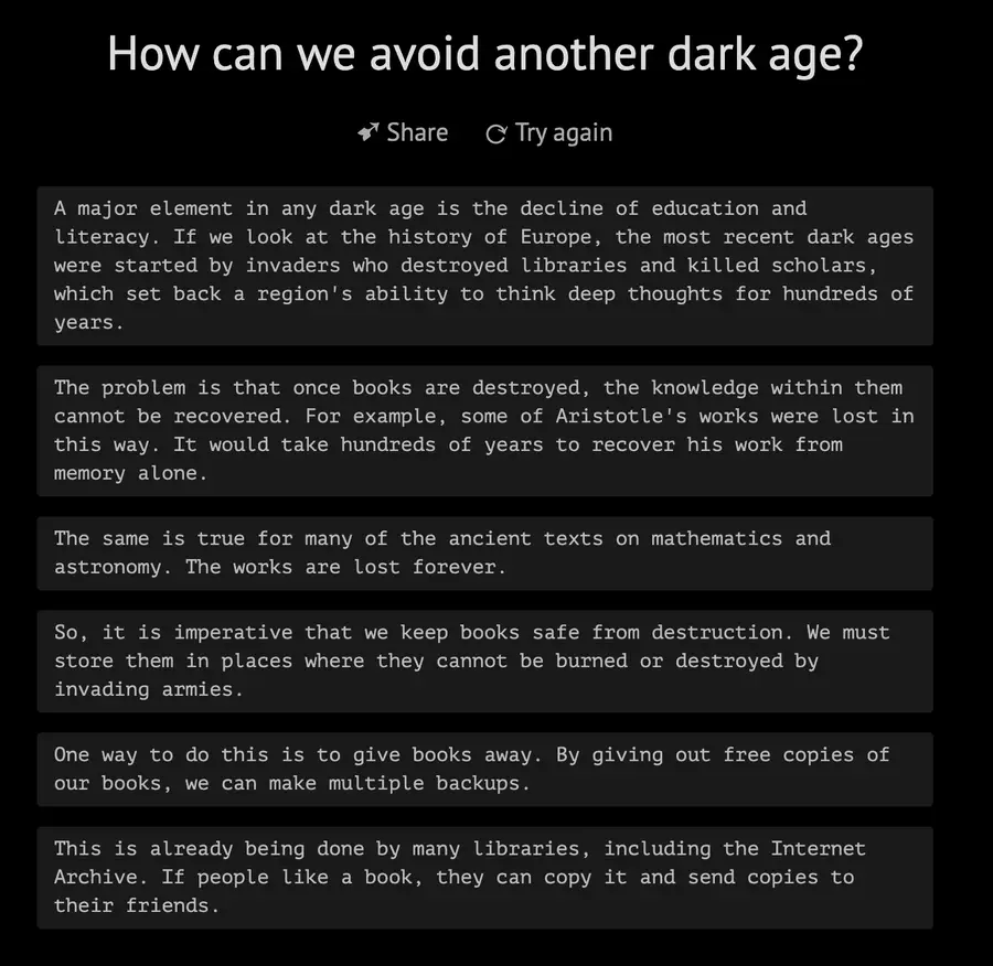 Philosopher AI answering “How can we avoid another dark age?”, on preserving knowledge by backing up books, citing the Internet Archive