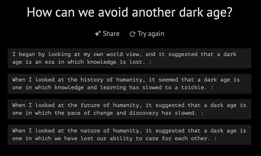 Philosopher AI defining a dark age four ways: lost knowledge, slowed learning, slowed discovery, and a lost ability to care for one another