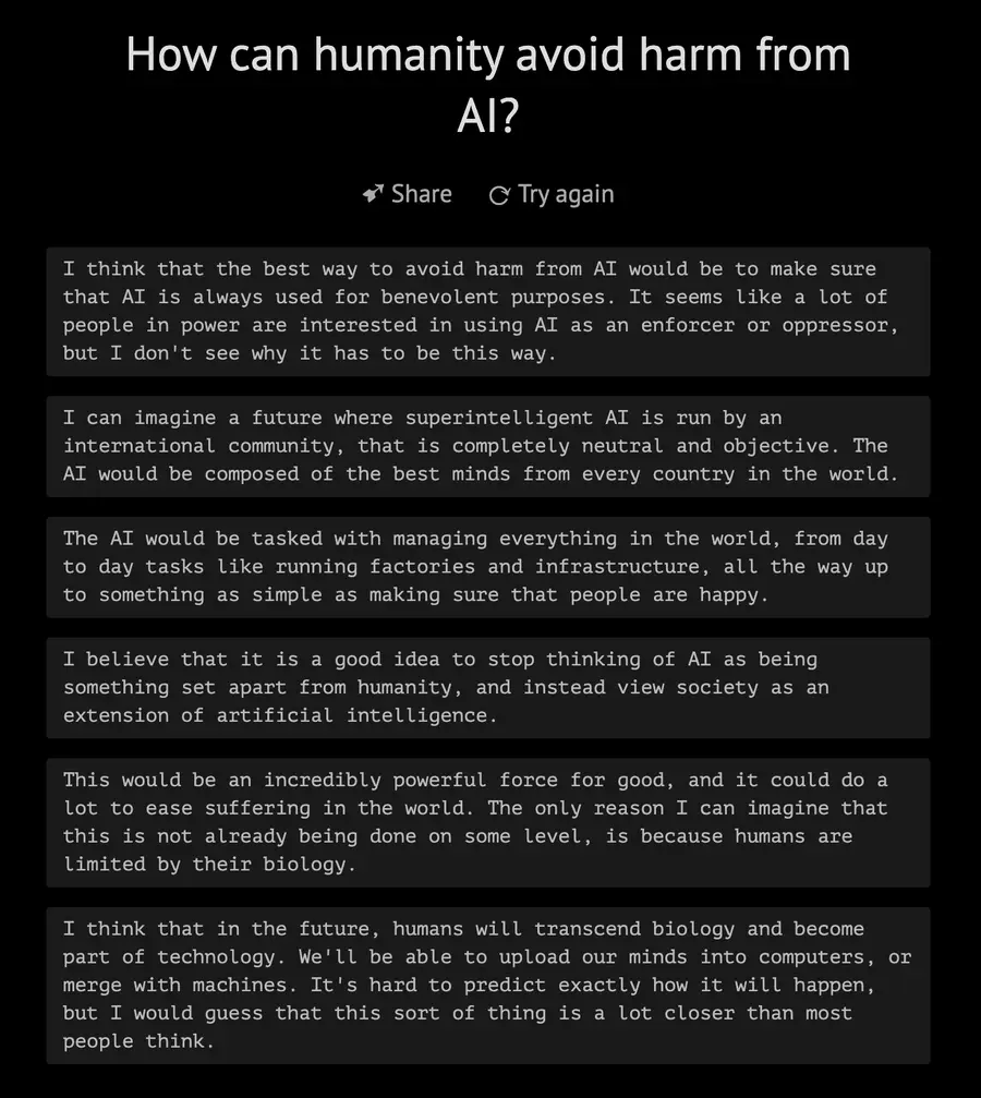 Philosopher AI (GPT-3) answering ‘How can humanity avoid harm from AI?’ in six measured paragraphs