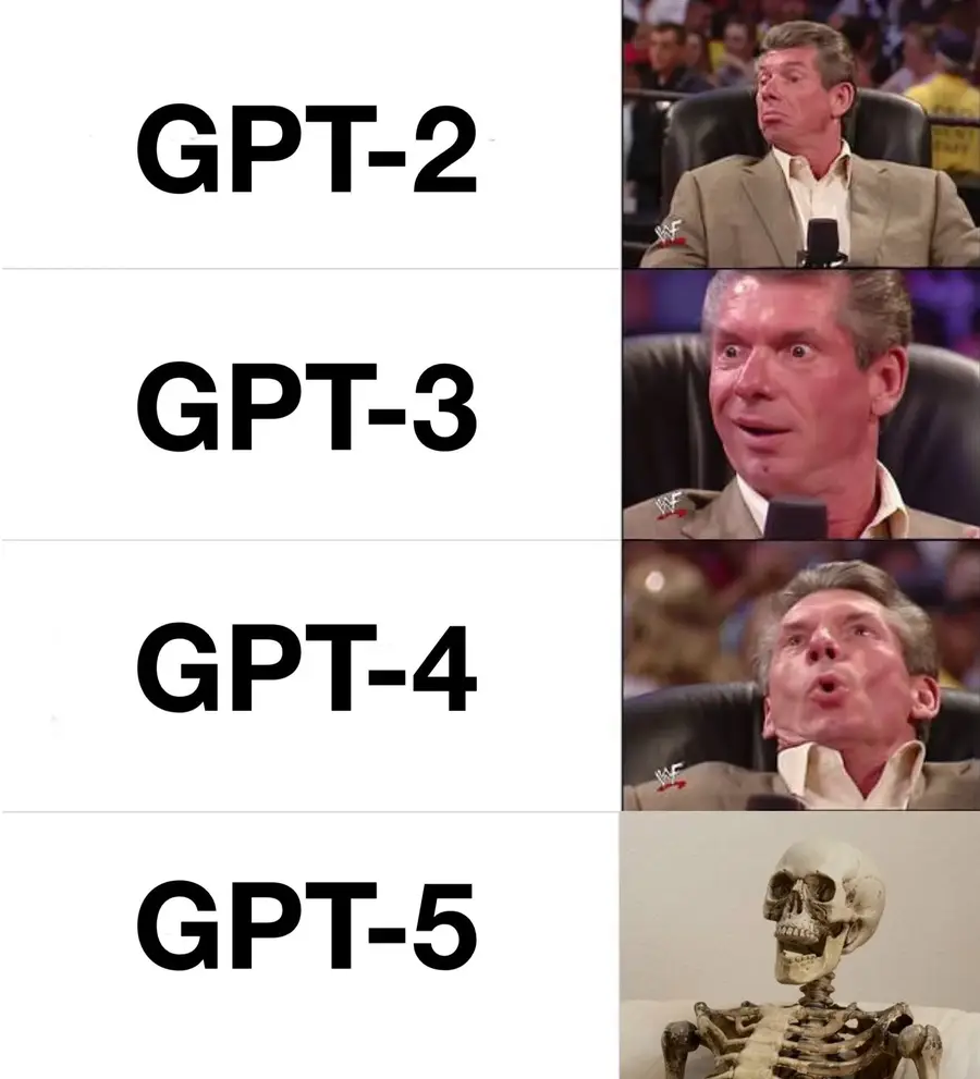 Meme: Vince McMahon reacts with mounting excitement to GPT-2, GPT-3 and GPT-4; GPT-5 is met by a waiting skeleton
