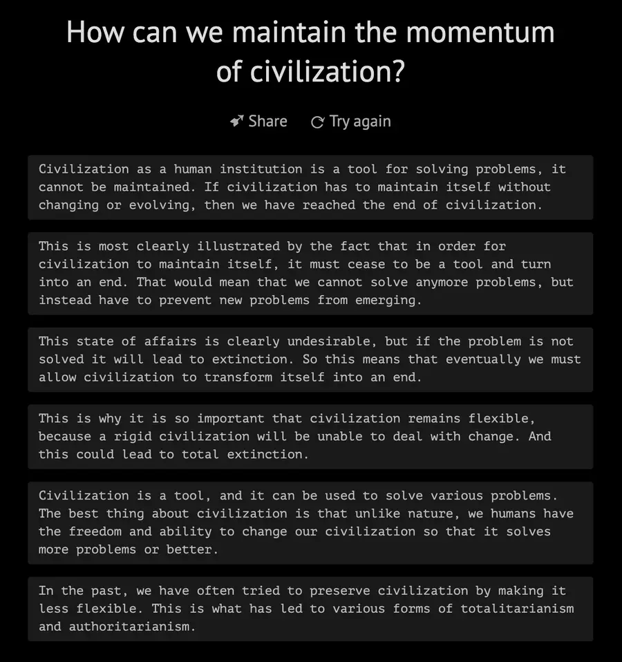 Philosopher AI arguing civilization is a tool that must keep evolving, since a rigid civilization drifts toward totalitarianism