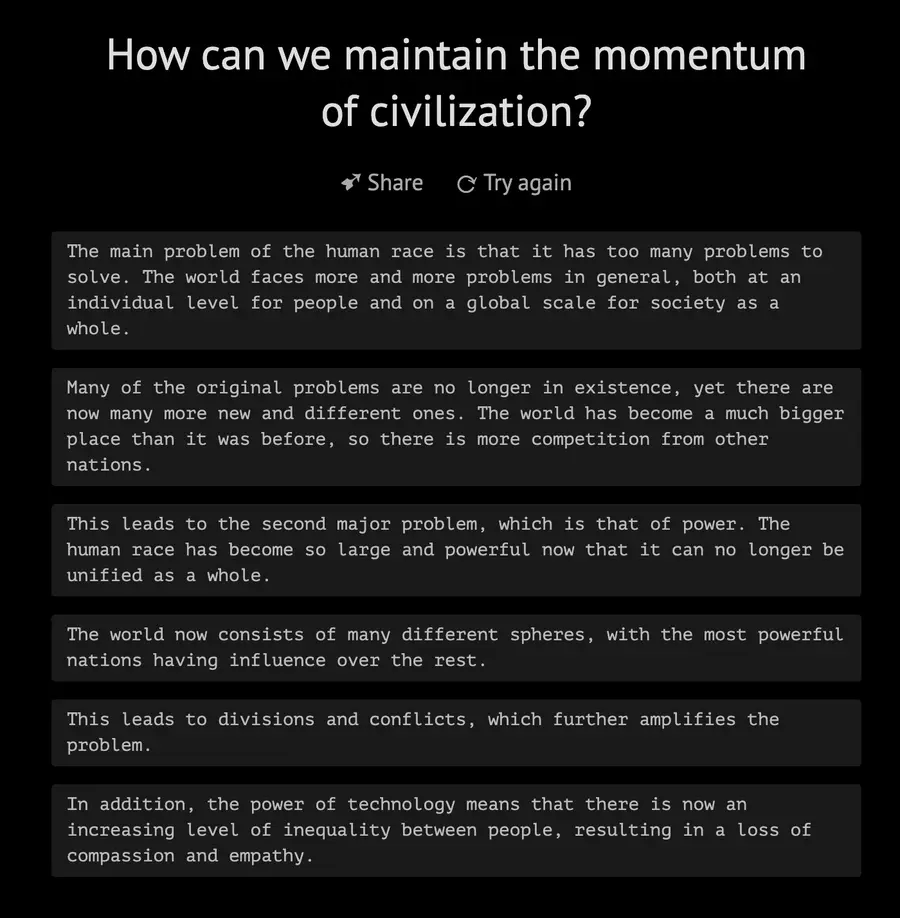 Philosopher AI answering the same question, citing a surplus of problems, competition between nations, and a resulting loss of compassion