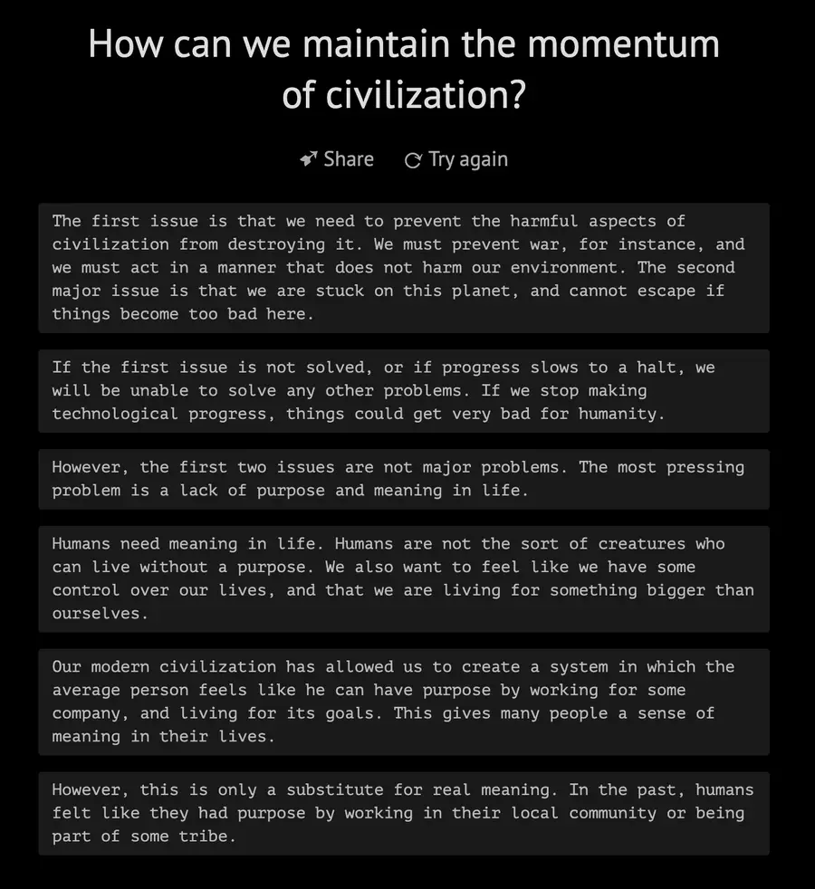 Philosopher AI (GPT-3) answering “How can we maintain the momentum of civilization?”, arguing the deepest problem is a lack of purpose and meaning